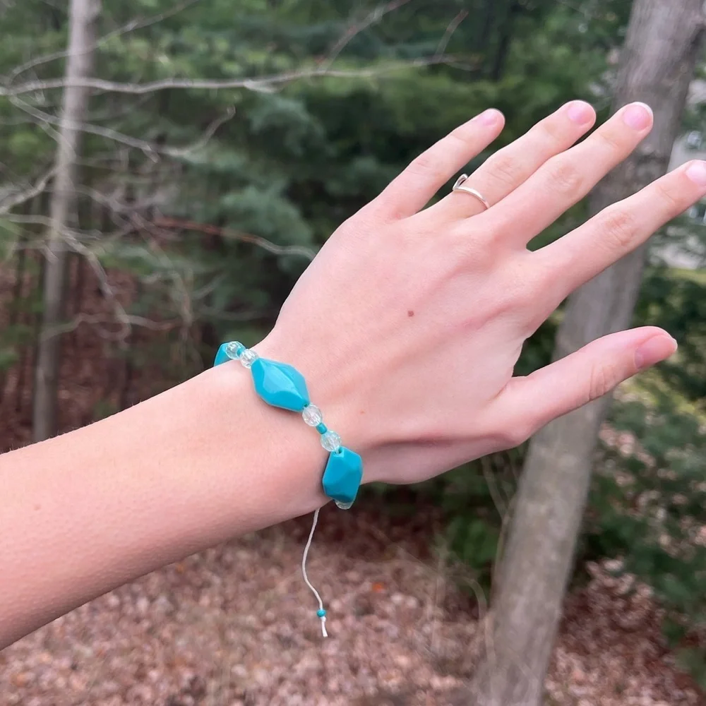 Handmade teal beaded bracelet tie on